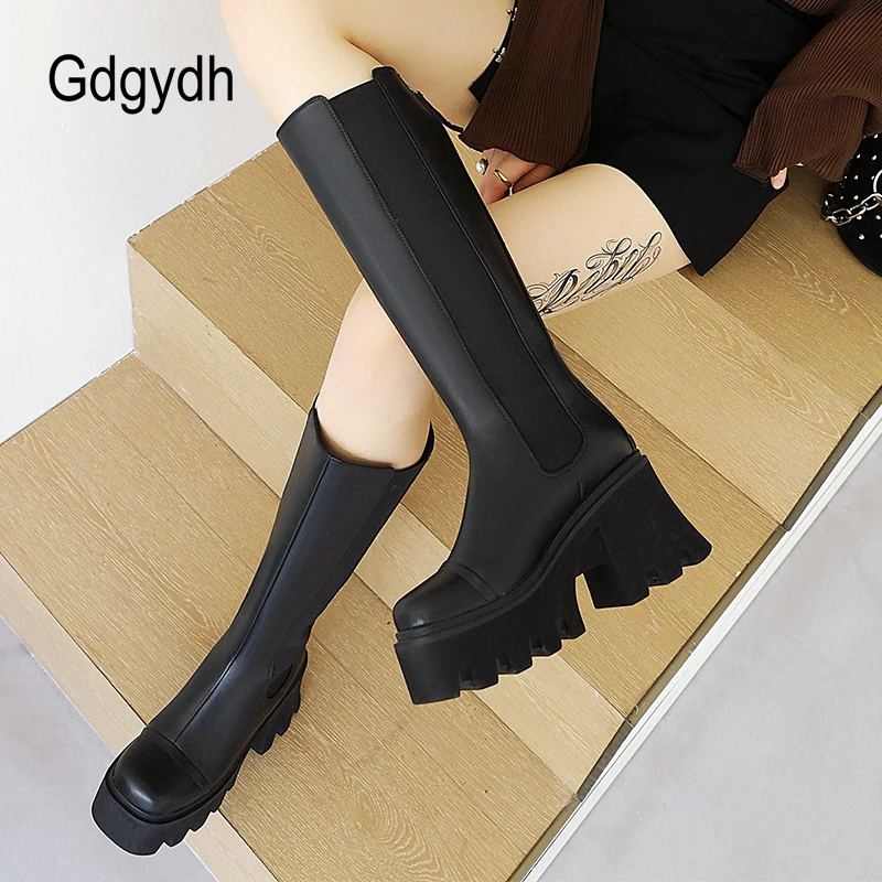 Gdgydh Goth Boots Women Knee High Boots Platform Plus Size Chunky Heel Black Fall Punk Fur Boots Office Lady Soft Leather Street