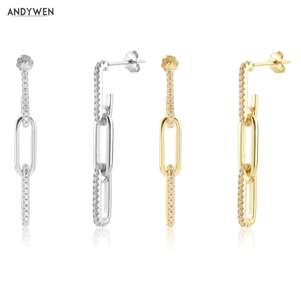 ANDYWEN 925 Sterling Silver Gold Long Chain Horoscope Drop Earring 2021 Zircon CZ Fine Jewelry Clips Pendiente Wedding Gift