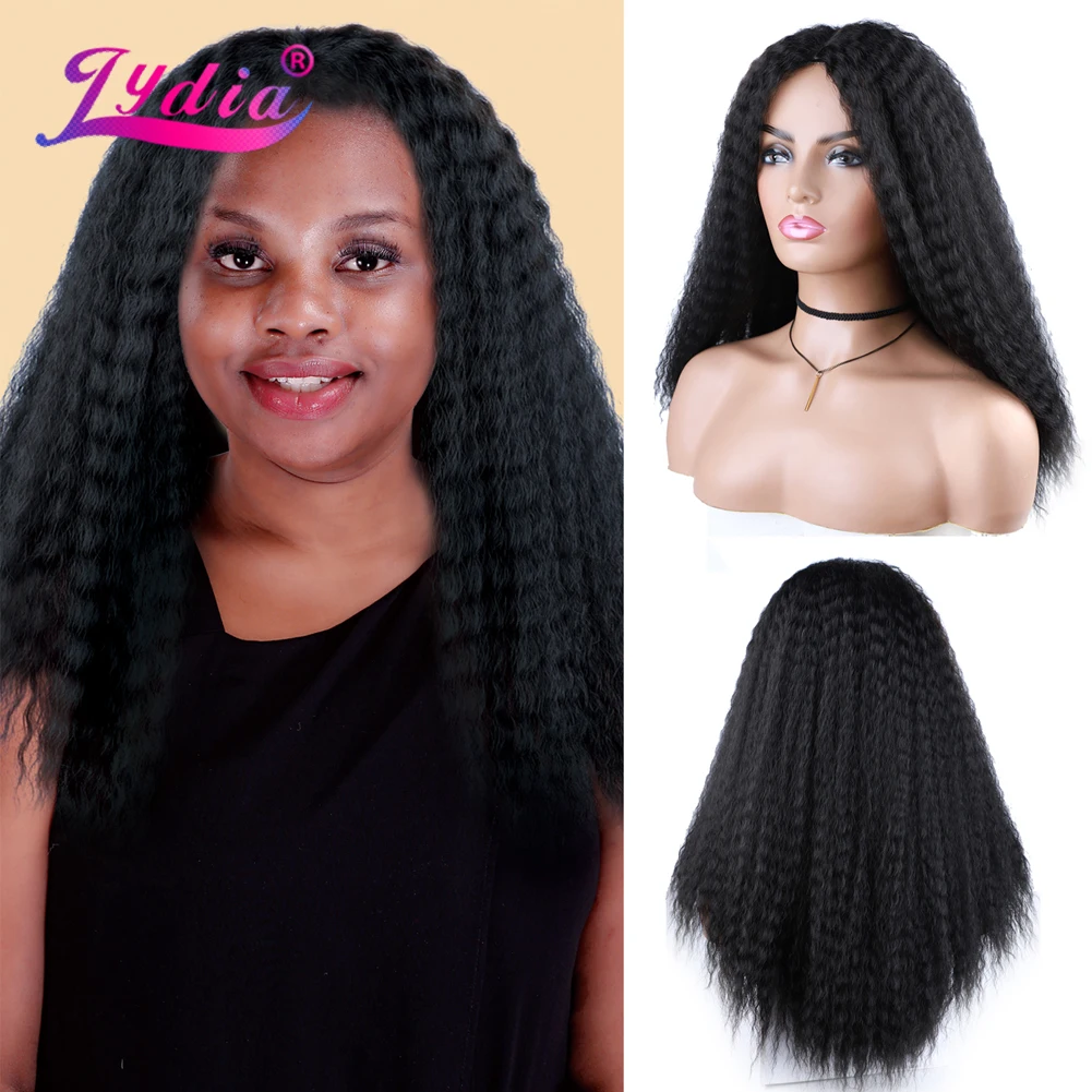 Lydia Long Kinky Straight Synthetic Hair Wigs For African American Women  Head Line Black 18-22 Inch Kanekalon Afro Wig