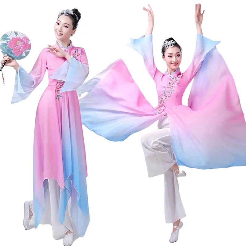 

Chinese Traditional Dance Costume Fairy Folk Dress Stage Wear Performance Clothing Yangko Fan Veil Dance Wear Pink Adults