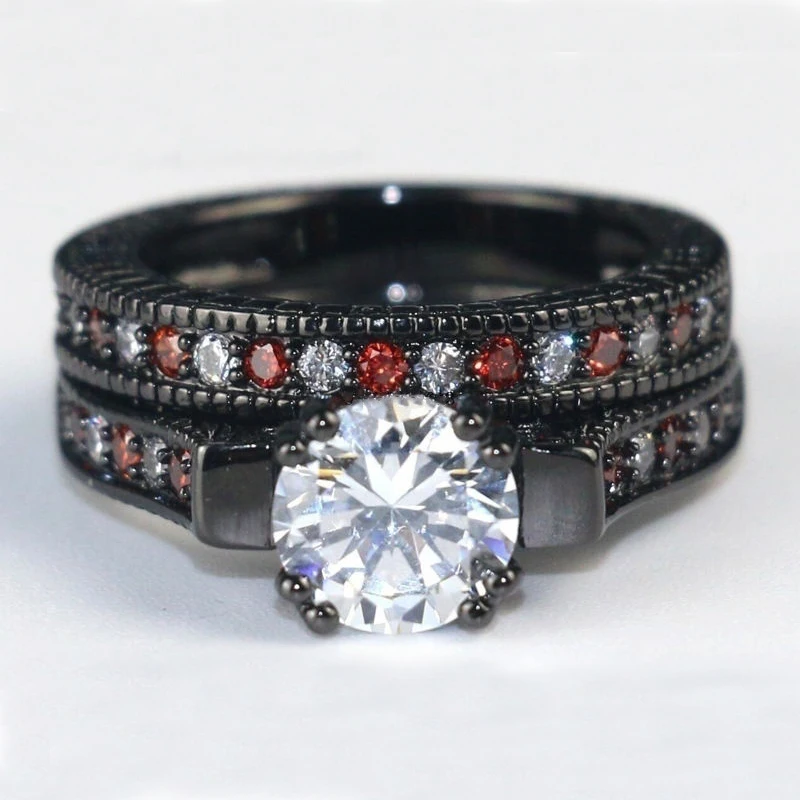 Romantic Couple Rings Fashion Men Stainless Steel Carbon Fiber Rings Cute Women Zircon Ring Set Wedding Engagement Band Lover