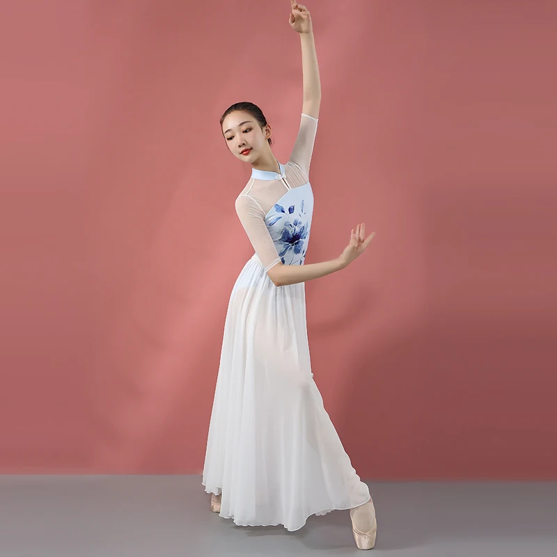 Dance Training Mock Neck Blue Bodysuit Open Keyhole Ink Printing Chinese Knot Button Ballet Leotard Swimwear