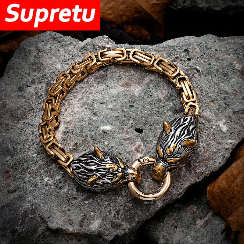 Norse Runes Celtic Wolf Bracelet Men Gold Color Stainless Steel Vikings Wolf Head Bangle Punk King Chain Wristband Jewelry Gift