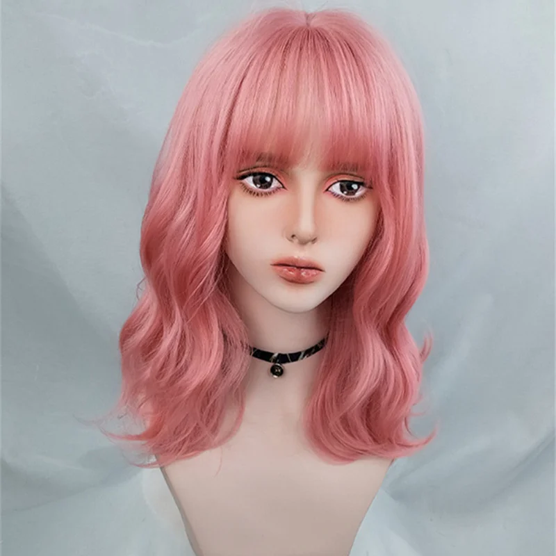 VICWIG Synthetic Cosplay Wig For Women Pink Red Golden Green Brown Medium Length Curly With Bangs