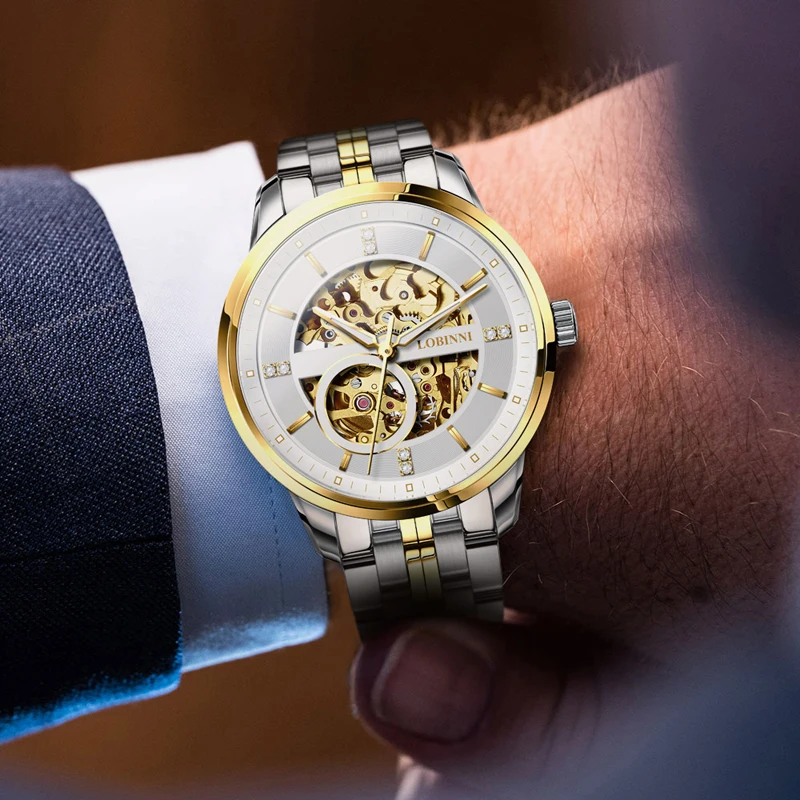 LOBINNI Fashion Luxury Automatic Mechanical Watch 50M Waterproof Watch Relogio Masculino Top Brand Leather Strap Men Watch