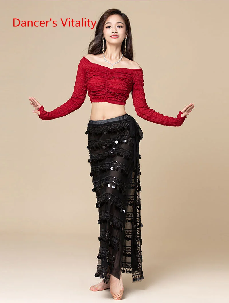 Belly Dance Clothing Seniore Long Sleeves Top+sequins Split Skirt Suit for Women Performance Practice Clothes Oriental Outfit