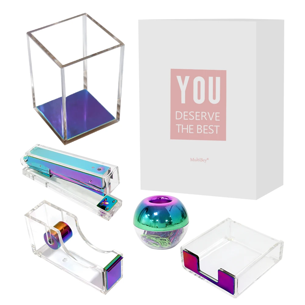 

Gift Box Packing Rainbow Acrylic Office Desk Organizers And Accessories Set