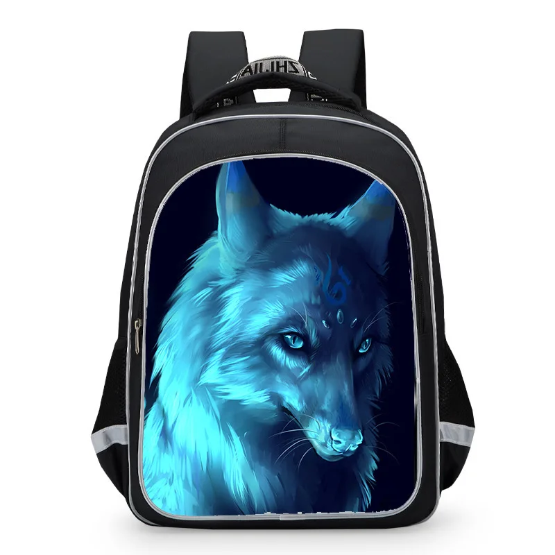 New night wolf black wolf dog creative backpack with reflective strip schoolboy backpack children\'s backpack