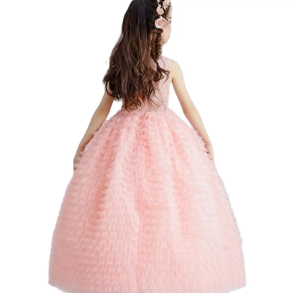 

Luxury Pink Tulle Flower Girl Dress Kids Wedding Dress Ankle Length Appliques Bead Kids Party Prom Dress First Communion Dresses