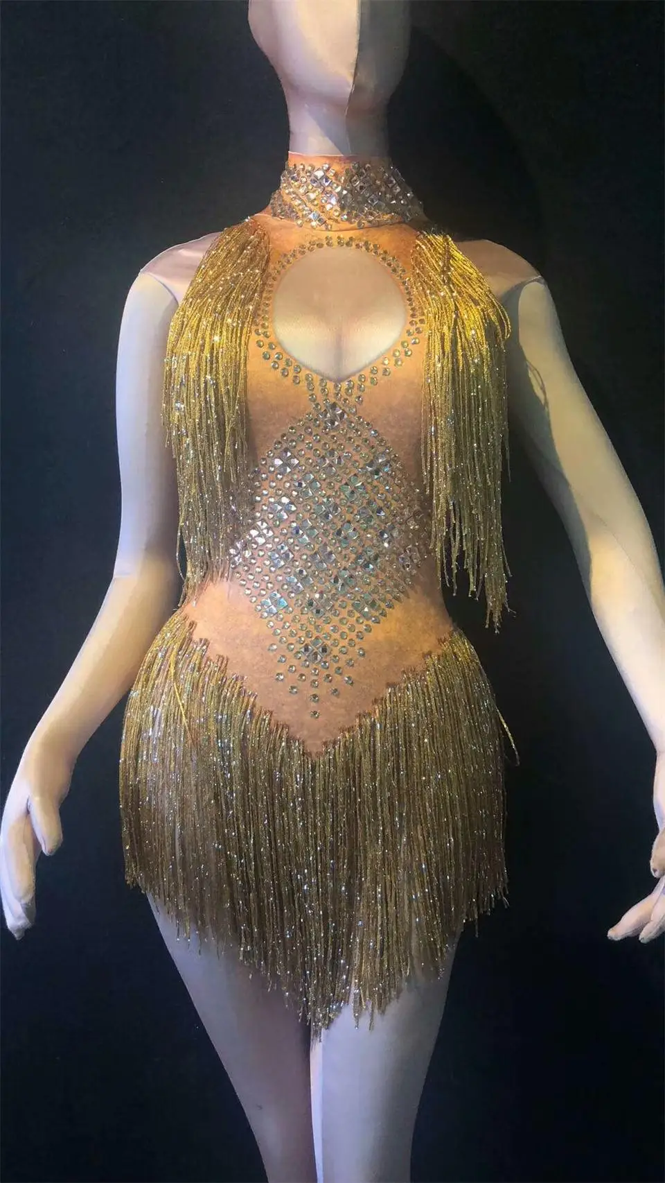 Traje de dança DJ Jazz para mulheres, bodysuit boate, roupa Rave, strass brilhante, borla elástica, sem mangas Show Leotard