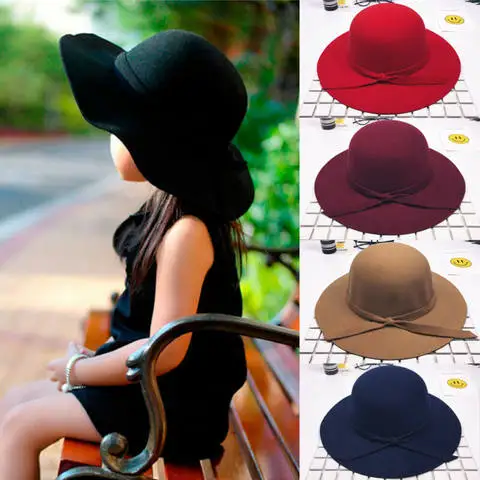 Retro Wind Children\'s Adjustable Big Hat  Girls\' Solid Bow Beach Sun Round Hat Outdoor Caps 5 Colors