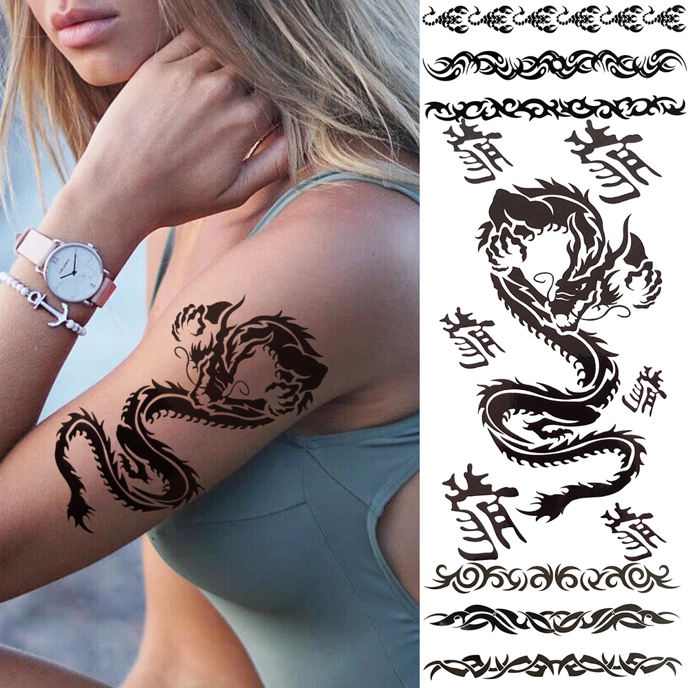 3D Black Dragon Temporary Tattoos For Women Kids Realistic Thorns Tribal Totem Fake Tattoo Sticker Wristband Waterproof Tatoos