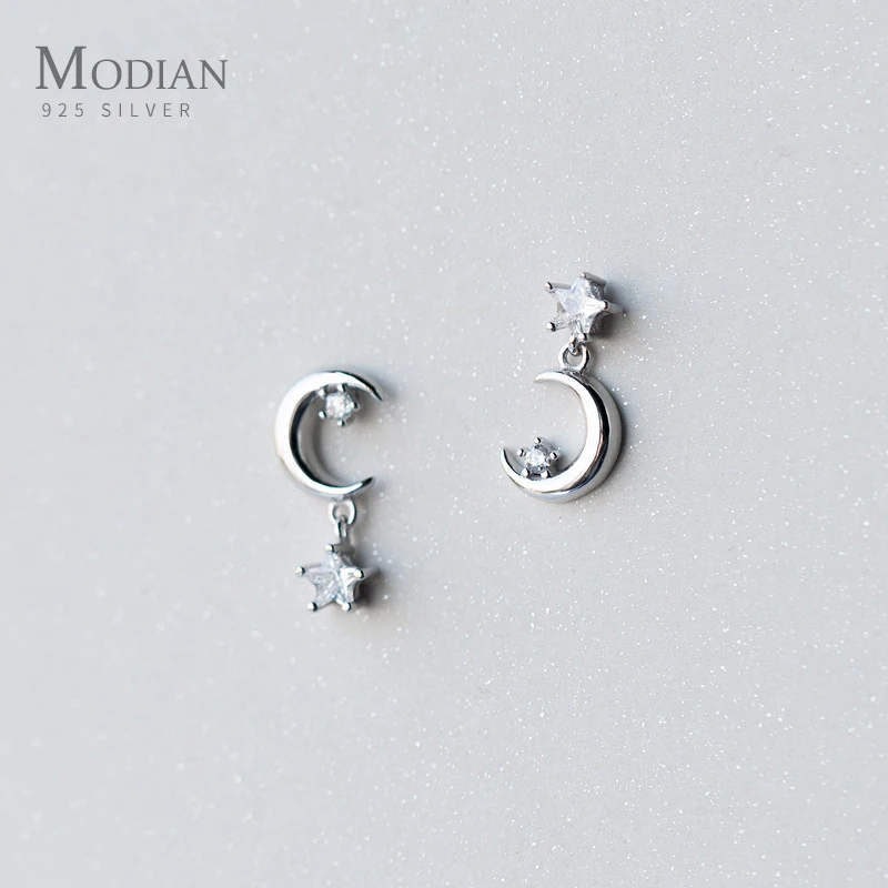 Modian Original Design Moon And Star Clear CZ Stud Earrings For Women Real 925 Sterling Silver Fashion Swing Sparkling Jewelry