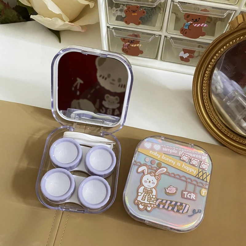 Contact Lens Case Kit Cute Travel Contact Case All in One Soak Storage Organizer with Mirror Tweezers Contact Applicator