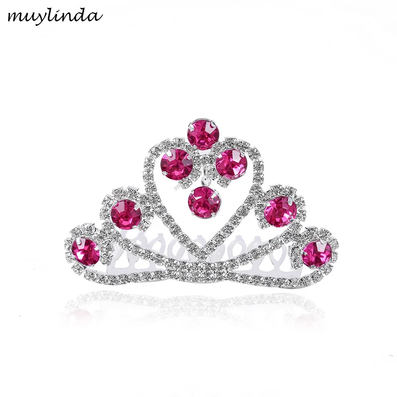 Pink Crystal Princess Small Crown Tiara Hair Combs Girls Rhinestone Party Head Jewelry Crown Accessories