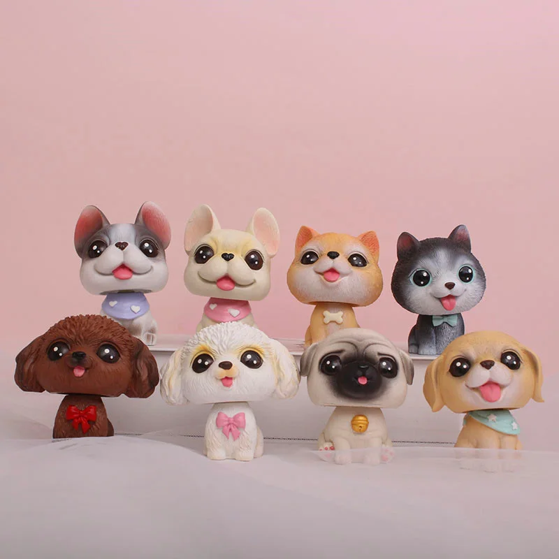 

5CM Cute Pet Dog Models Pug French Bulldog Poodle Akita Shaking Head Mini Action Figures Car Decor Collection Dog Dolls Toys