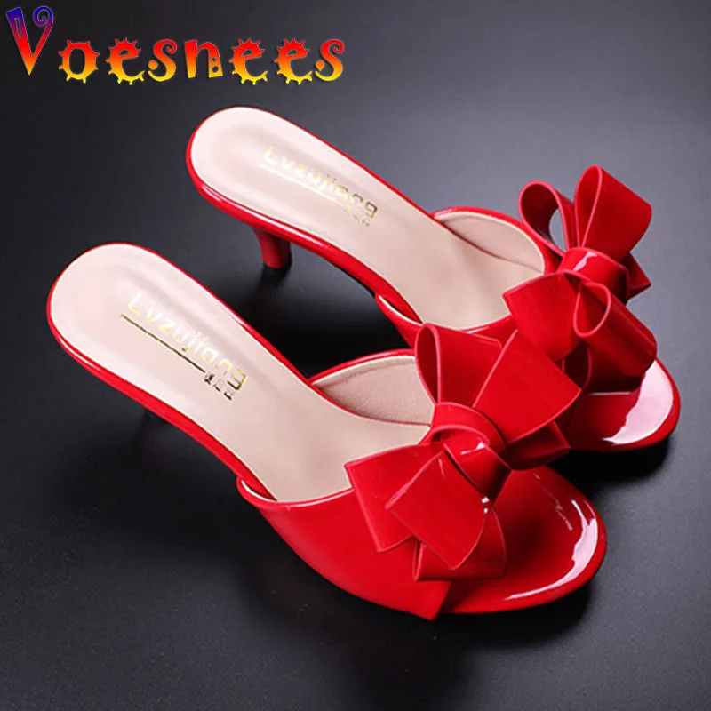 Voesnees Women Shoes 2021 New Brand Sexy Women Open-Toe Slipper Fashion Summer Outdoor Sandal Sweet Bow Elegant High Heel Shoes