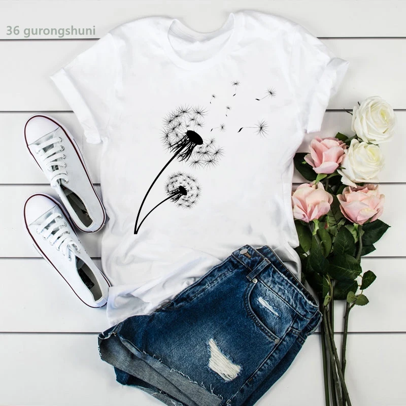 new t-shirt women Dandelion People Flight print camiseta mujer t shirt summer female clothing kawaii t shirt femme tops