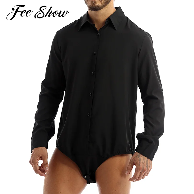 

Black Jumpsuit Body Suit Men's Shirt Tops Solid Color One-piece Romper Long Sleeve Press Button Open Crotch Casual Men Bodysuit