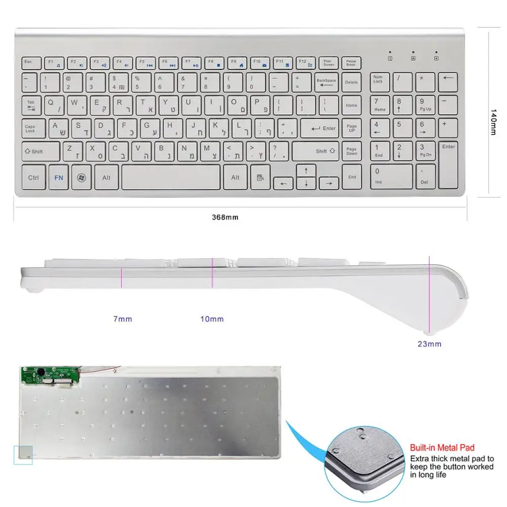 Imagem -06 - Teclado sem Fio para Laptop Hebraico Israel 101 Teclas Teclado Compacto Fino Baixo Ruído pc com Windows Desktop Smart tv 2.4g