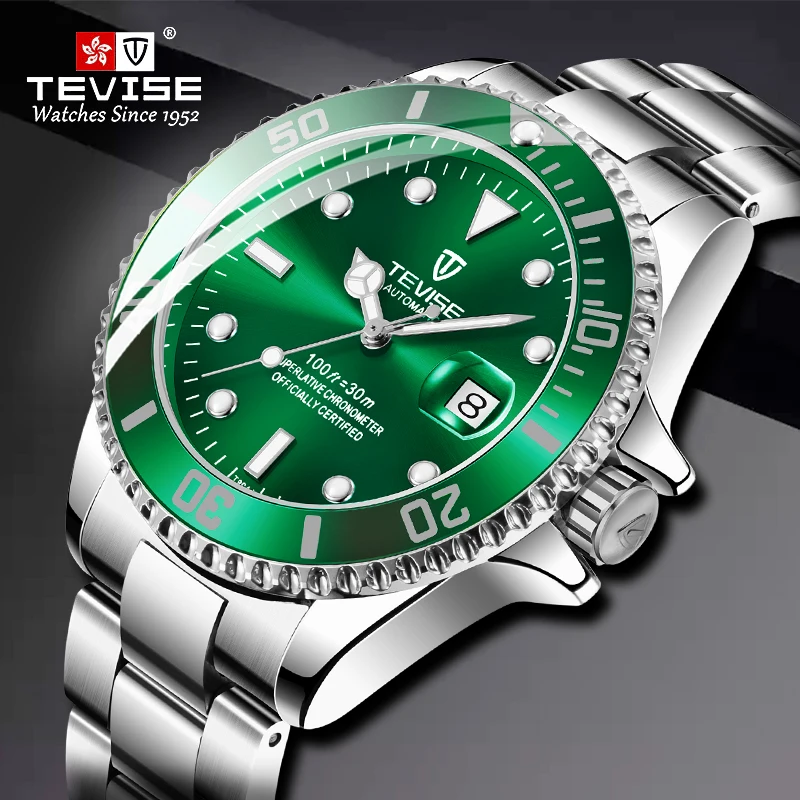 TEVISE Green Watch Men Automatic Mechanical Anti-Scratch Rotatable Outer Ring Waterproof Luminous Mens Watches Top Brand Luxury