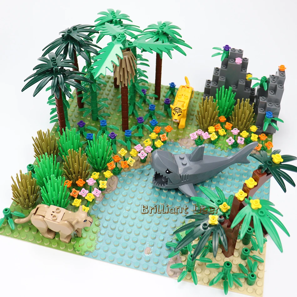 Rainforests Model City Bush Flower Grass Tree with Animals Base Plate DIY MOC Parts Compatible Friends Building Blocks