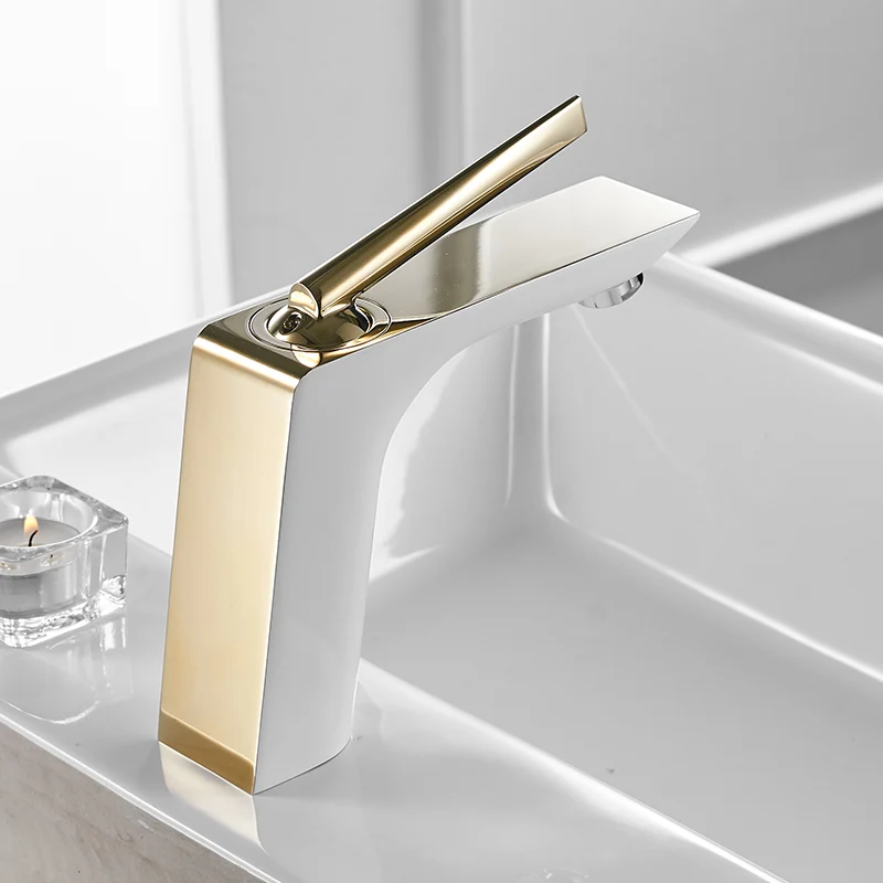 Imagem -06 - Elegante Brass Single Handle Bacia Faucet Pia do Banheiro Lavatório Misturador Quente e Frio Torneira de Água Golden White Yls82211wk