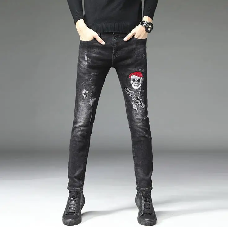 European Fashion 2020 Mens Skull Emboridered Skinny Stretch Long Slim Casual Jeans Black Ripped Hip Hop Pants #9125