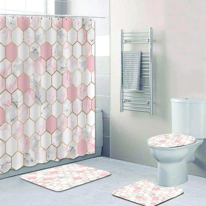 

4PCS Rose Gold Pink and Gray Marble Shower Curtain Set for Bathroom Curtains Geometric Hexagon Bath Mats Rugs Toilet Home Decor