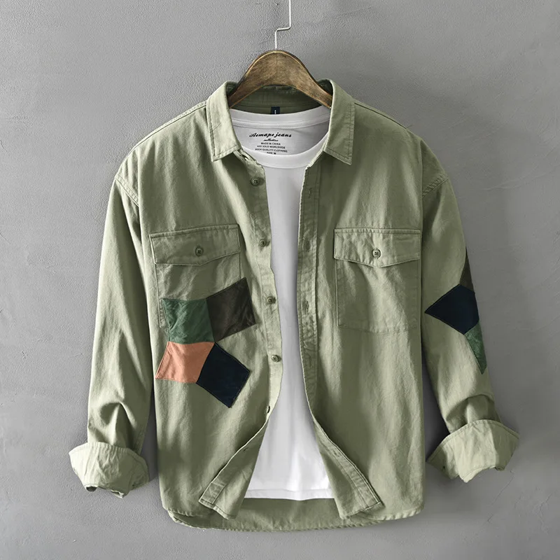 Z118 Personality Patchwork Shirt Thin Jackets Spring Autumn Simple Casual Street Hip-Hop Double Pockets Lapel Youth Long Sleeve