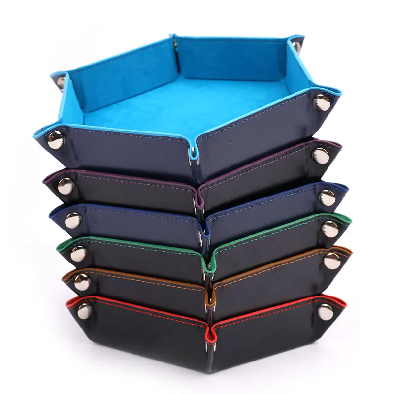 New Foldable Dice Hexagonal Tray Box PU Leather Desktop Storage Box Folding Hexagon Coin Square Tray Dice Game 6 Styles