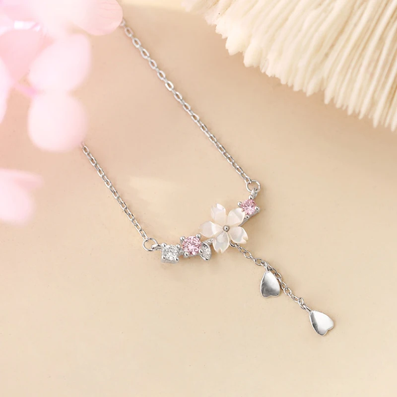 VENTFILLE Silver Color Cherry Flower Shell Long Tassel Necklace for Women Sweet Heart Pendant Clavicle Chain Jewelry Dropship