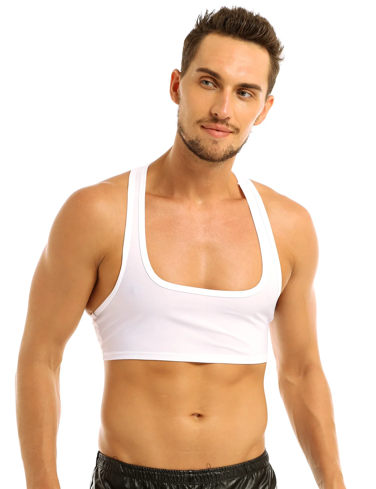 Mens Crop Tops Sleeveless Fitness Tank Top Racer Back Male Muscle Half Vest Tee for Summer Gymnastics DJ Dance Clubwear Costume
