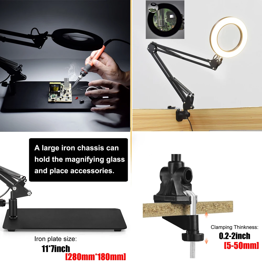 2 in 1 Stand 5X Magnifier Desk Lamp Welding Third Hand Tool Soldering PCB Repair Table Light Magnifying Glass Lamp for Solder