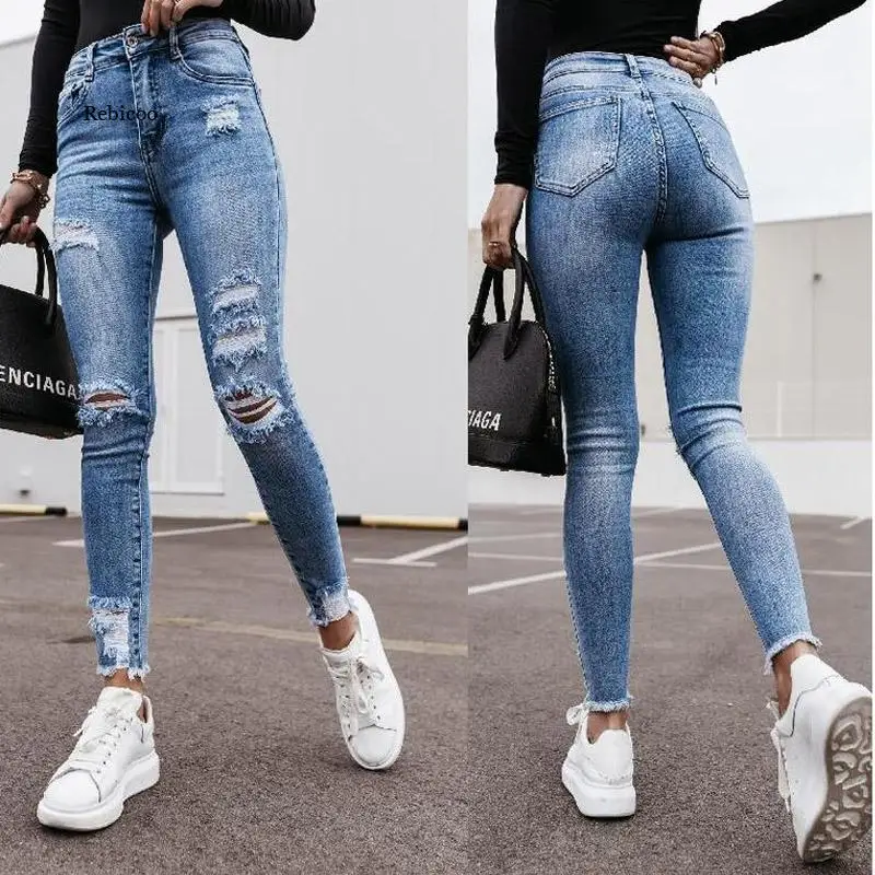 

Women Fashion Vintage Ripped Hole Pencil Long Pants Solid Jeans Spring Summer Casual High Waist Slim Denim Trousers Streetwears