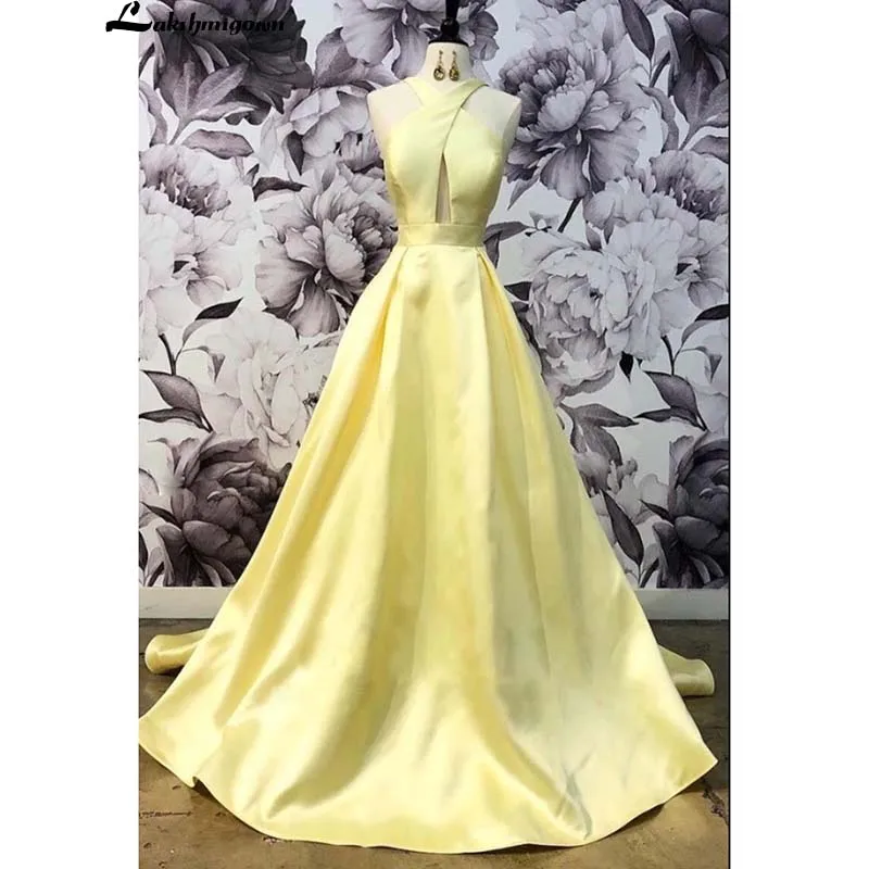 

Simple Yellow Satin V Neck Long Simple Prom Dress vestido de festa dresses woman party night vestidos de gala bridesmaid dresses