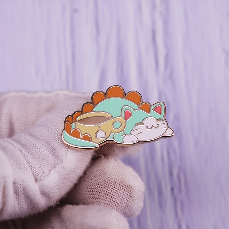Cute Tea Lover Lazy Nap Cat Dinosaur Brooch Enamel Pin Tea-Rex Metal Badge Fashion Jewelry Accessories