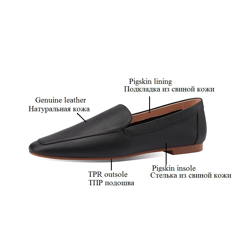 New Women Spring Summer Loafers Genuine Leather Slip On Casual Shoes Square Toes Fashion Flats Black Brown White