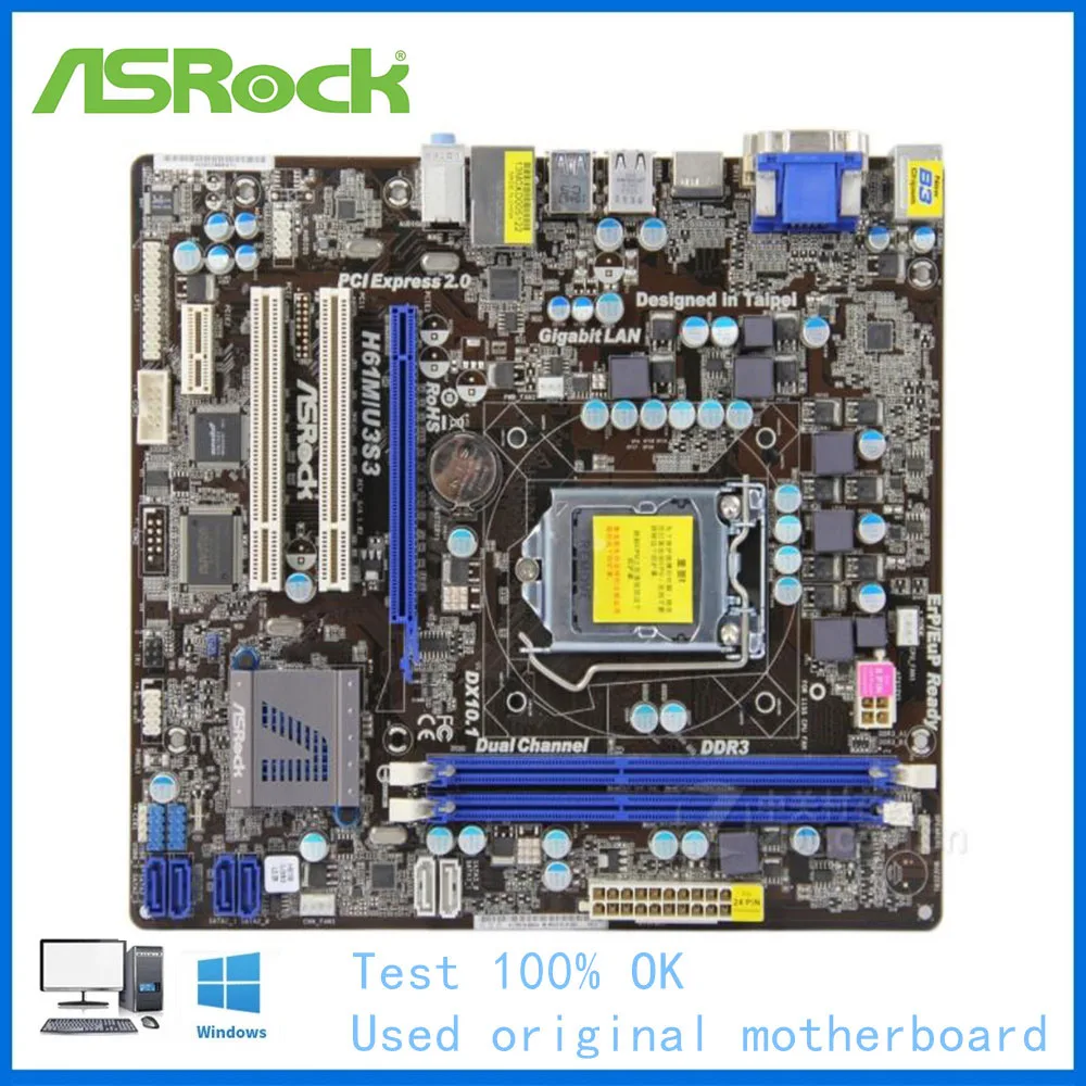 For ASRock H61M/U3S3 Motherboard LGA 1155 For Intel H61 Used Desktop Mainboard USB2.0 SATA II PCI-E X16