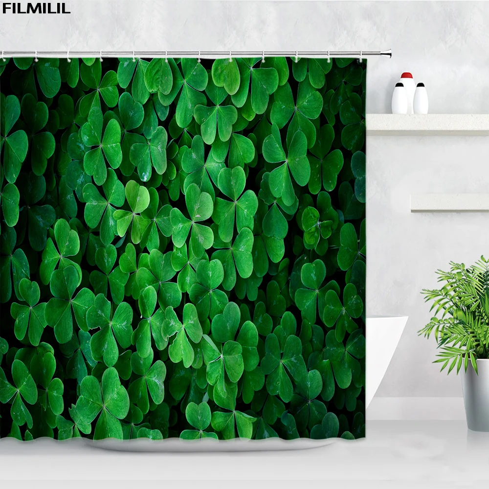 FILMILIL Green Leaves Clover Shower Curtains Sets Garden Plants Scenery Photography Backdrop Decor Cloth Bathroom Bath Curtain