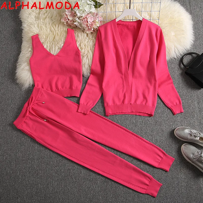 

Женский вязаный комплект ALPHALMODA, комплект из 3 предметов, длинный кардиган + жилет + штаны, однотонный, комплект из 3 предметов на зиму 2019
