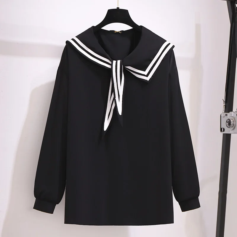 150kg plus tamanho primavera sailor collar chiffon camisa busto 158cm 5xl 6xl 7xl 8xl 9xl solto simples manga comprida listrado pulôver topo