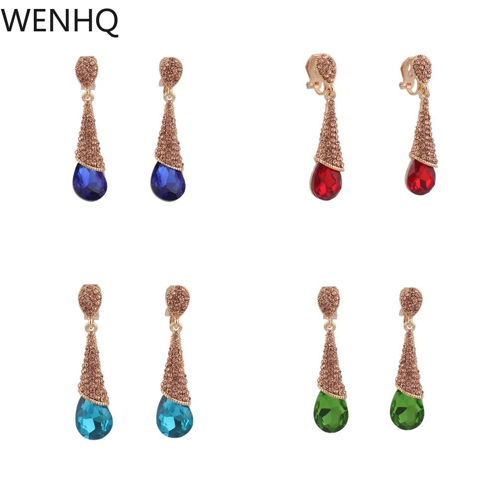 WENHQ Clip on Earrings No Pierced for Women Party Wedding Fashion Rhinestone Crystal Water Drop Shape Drop Earrings Ear Clip