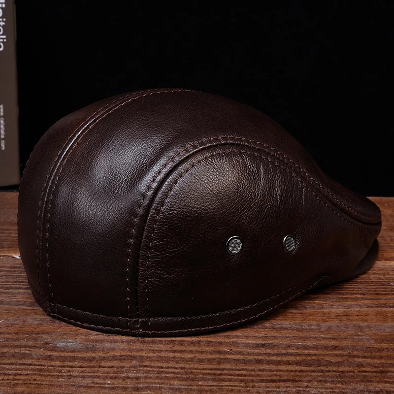 HL042 Men\'s Genuine Real Leather Baseball Caps Hats Black Brown Coffee Brand New Cow Skin Beret Newsboy Hat Cap