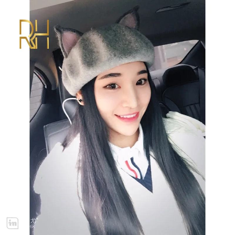 New Retro Women\'s Cute Fox Ear Woolen Beret Caps Real Wool Casual Warm Painter Hat Handmade Nick Cat Ear Beret Hat Hot Gift RH