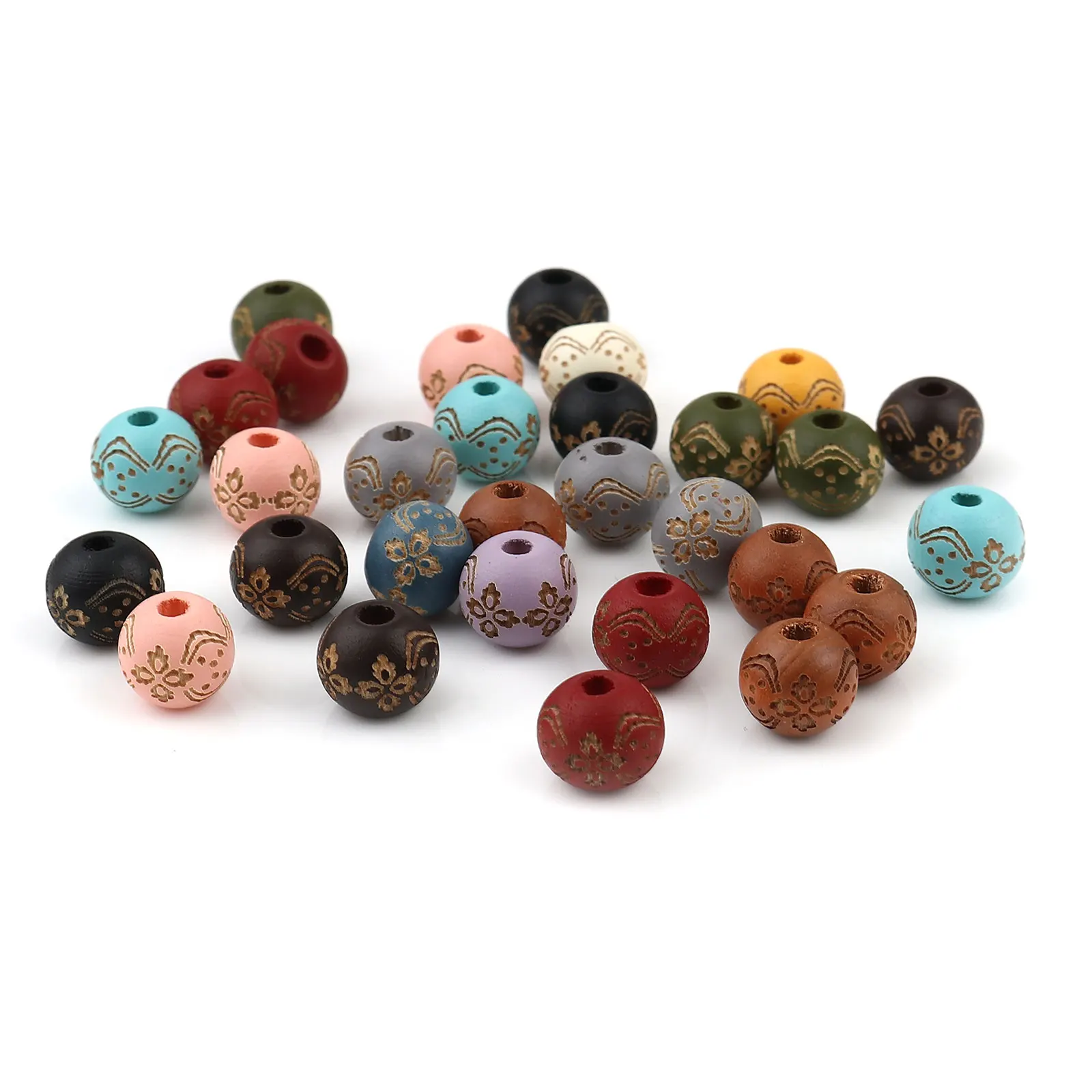 20 PCs Bohemia Wood Round Flower Pattern Spacer Beads Vintage Wooden Bead For Jewelry Making Fit Beads Bracelet DIY Findings