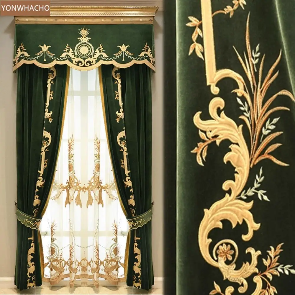 Custom curtains New high-quality European embroidered thick velvet room green cloth blackout curtain valance tulle panel C026