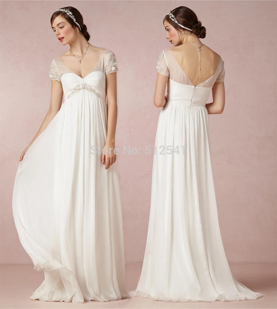 Vestido de noiva Sheer-illusion Kurzarm 2018 Hochzeit Kleider Strand Mantel Schatz Bodenlangen Chiffon Brautkleid