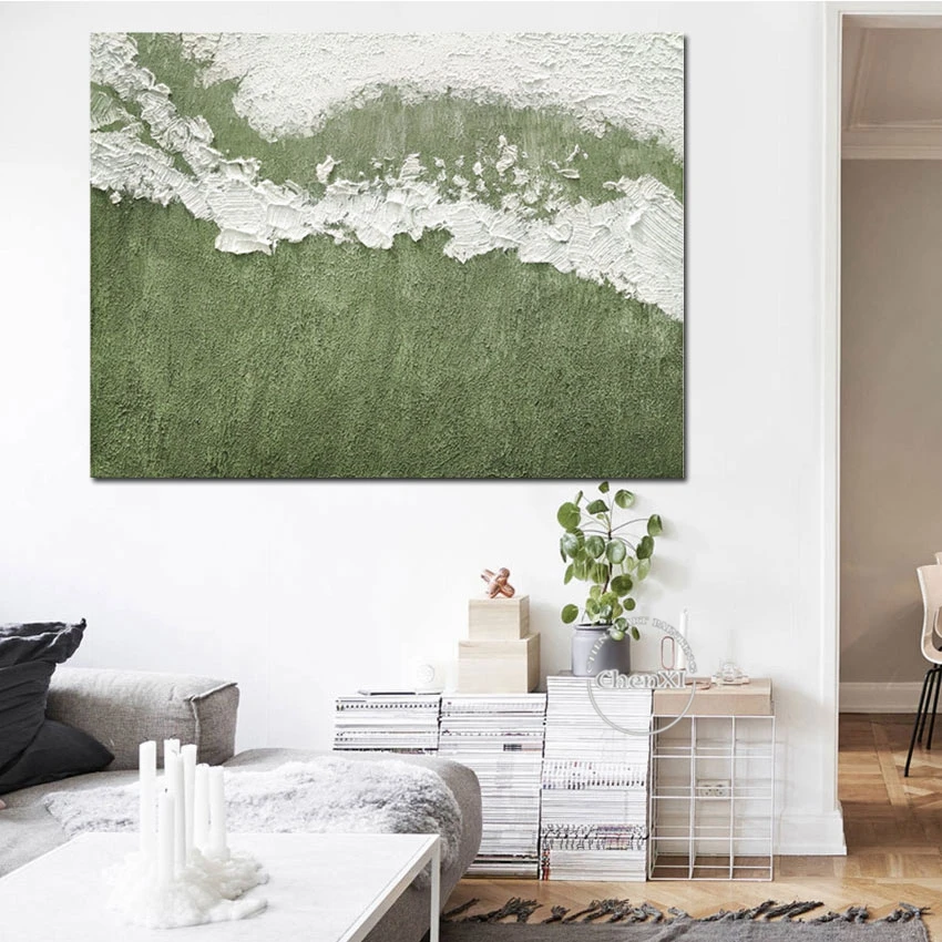 

Unframed Handmade Abstract Painting Wall Canvas, Hand Picture, Green and White, Modern Artwork for Living Room, Home Art, Latest