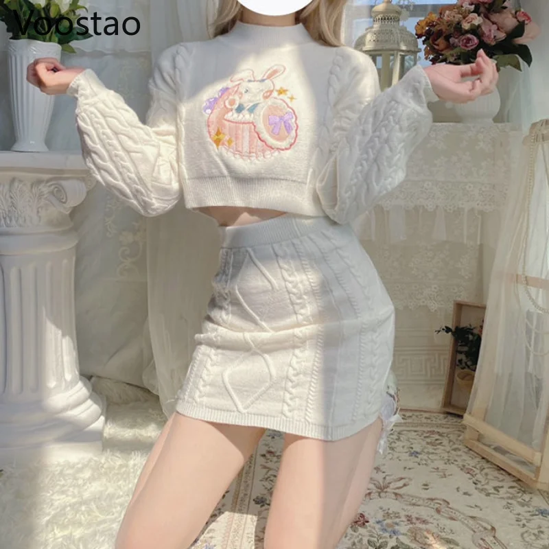 Women Knitted Lolita Sets O-Neck Long Sleeve Casual Crop Tops Kawaii Bunny Embroidery Sweaters Mini Knitted Twist Skirts Suits